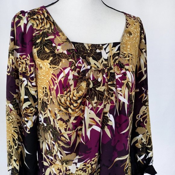 Tahari Purple and Gold Floral Print Oversized Fit Blouse Size M / L - Picture 8 of 11